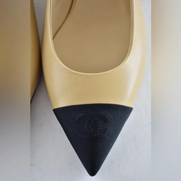 Chanel 24A Beige Leather Black CC Logo Coco Slingback Pointed Ballet Flat 39 - Picture 10 of 15